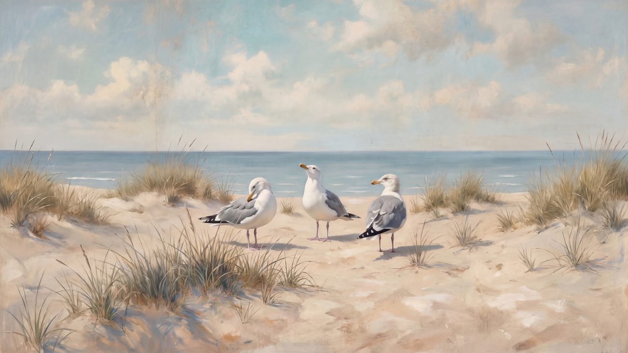Nautical Frame TV Art, Coastal Oil Painting (Seagulls on Sand Dunes)