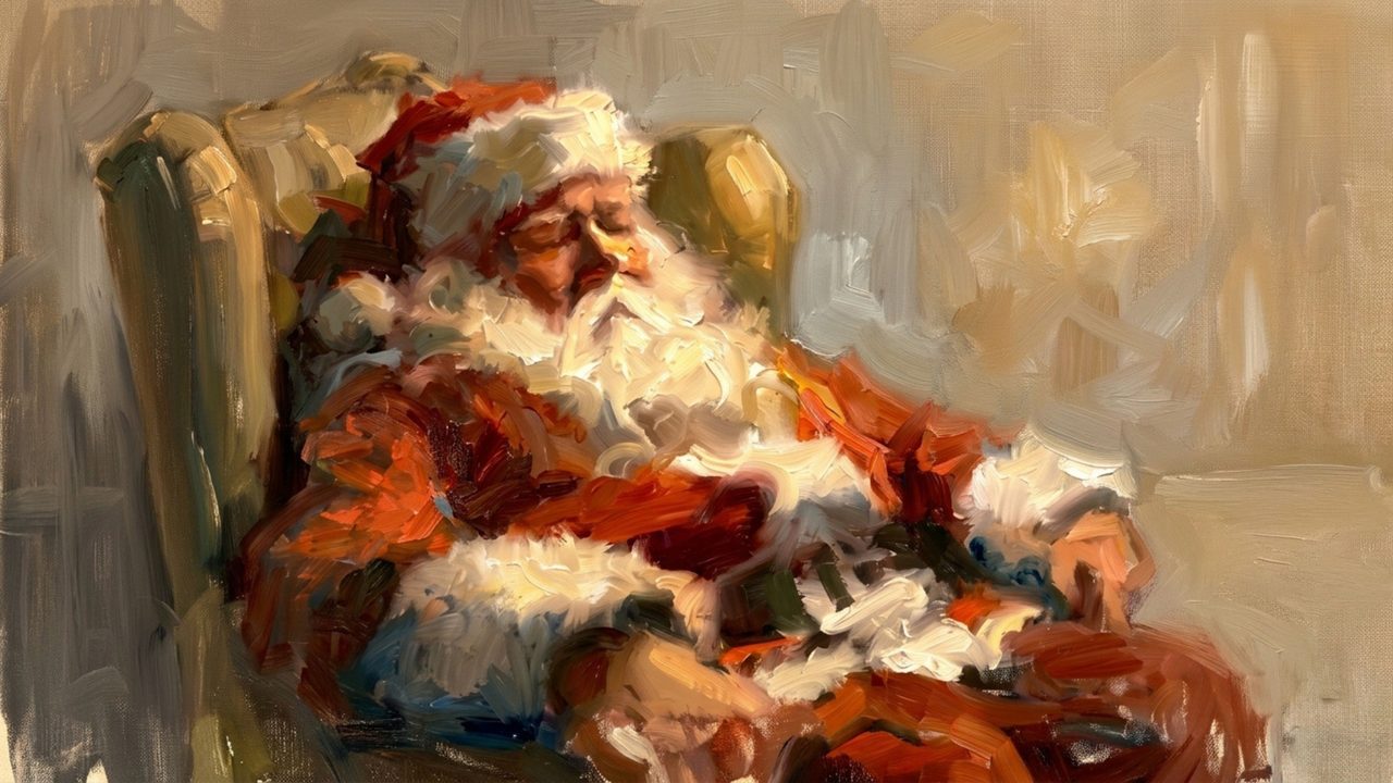 Christmas Frame TV Art, Vintage Holiday Oil Painting (Santa Asleep in Armchair)