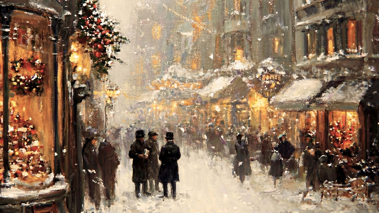 Christmas Frame TV Art, Vintage Holiday Oil Painting (Festive Shopping Street)