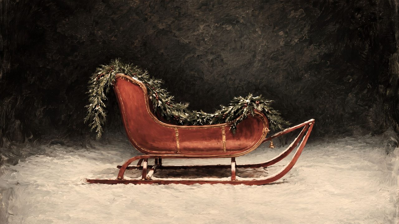 Christmas Frame TV Art, Vintage Holiday Oil Painting (Red Sleigh with Garland)
