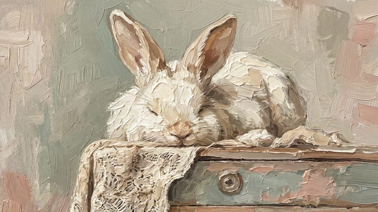 Easter Frame TV Art, Pastel Spring Oil Painting (Bunny Sleeping on Lace)
