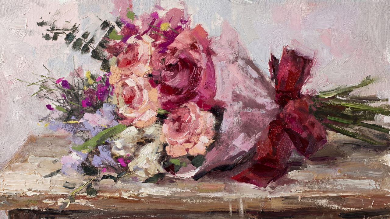 Valentine Frame TV Art, Romantic Vintage Oil Painting (Bouquet Tied with Red Ribbon)