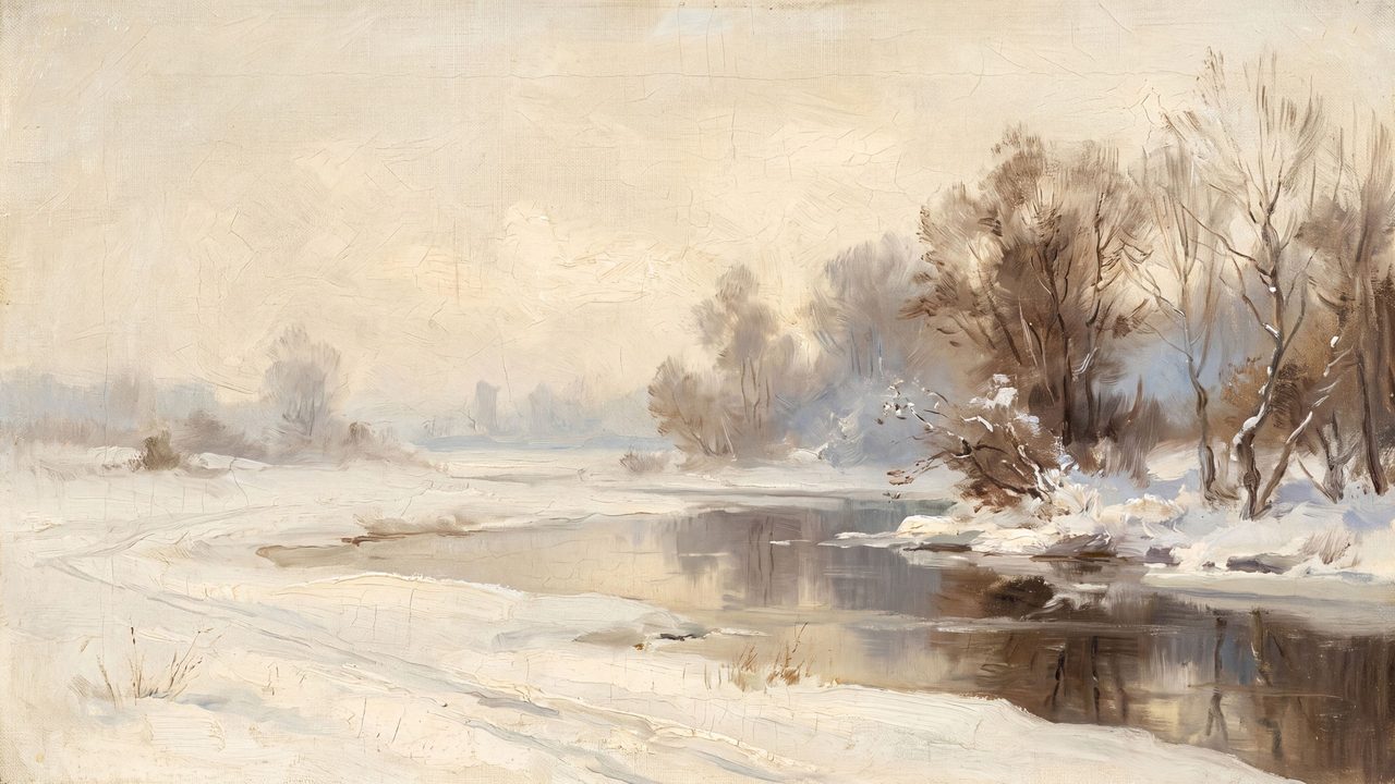 Christmas Frame TV Art, Vintage Holiday Oil Painting (Frozen River Landscape)