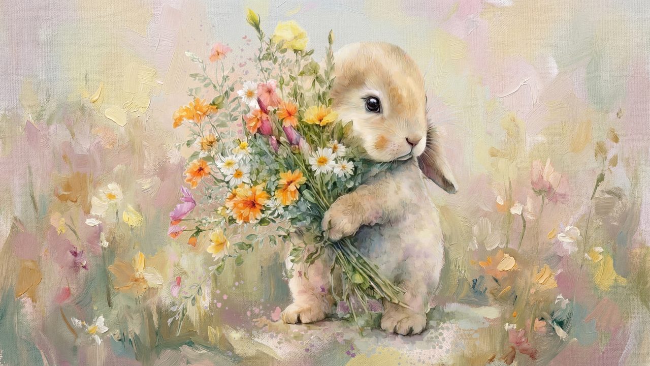 Easter Bunny with Spring Flowers Samsung Frame TV Art, Rabbit Flower Bouquet Oil Painting, 4K Digital Download