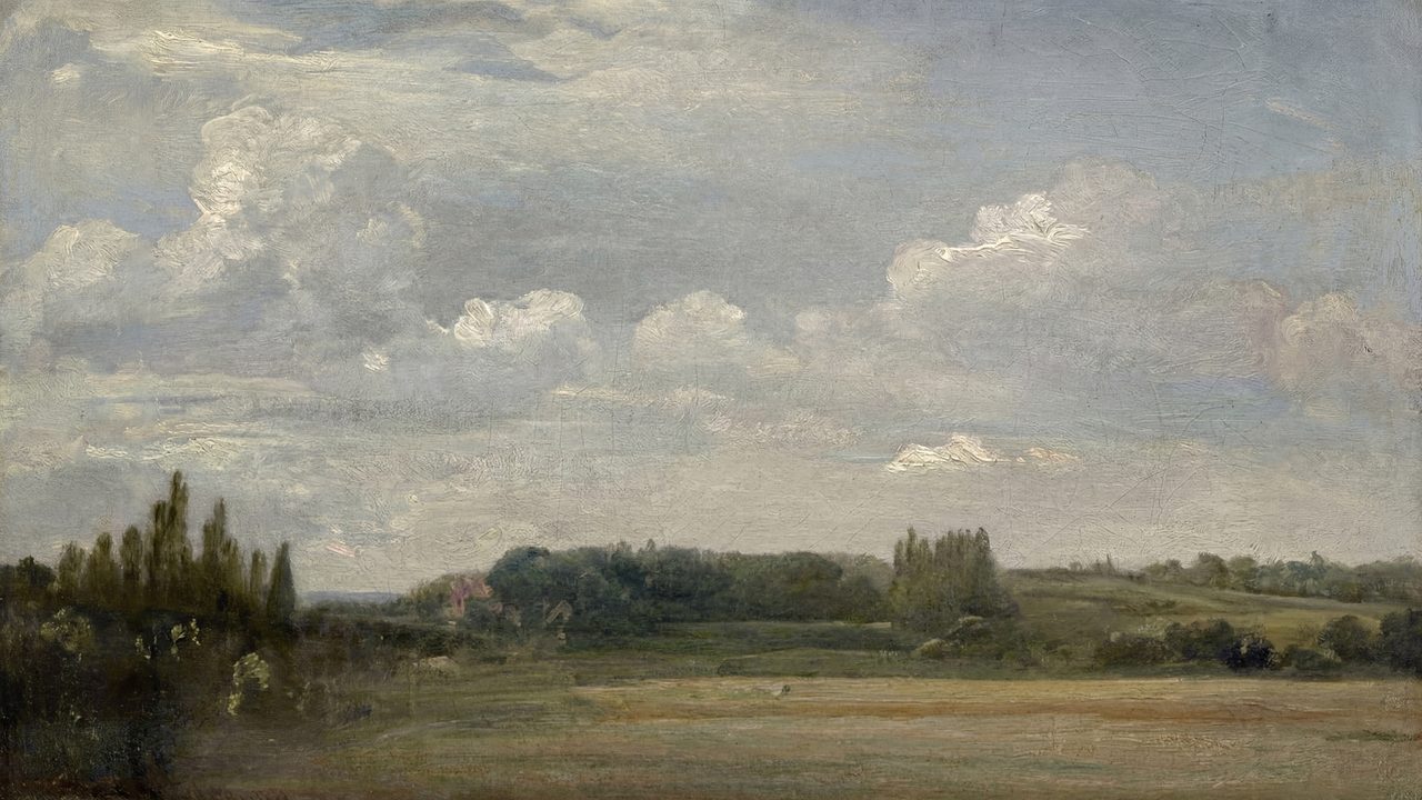 Vintage Frame TV Art, Antique Landscape Oil Painting (Green Meadow Under Clouds)