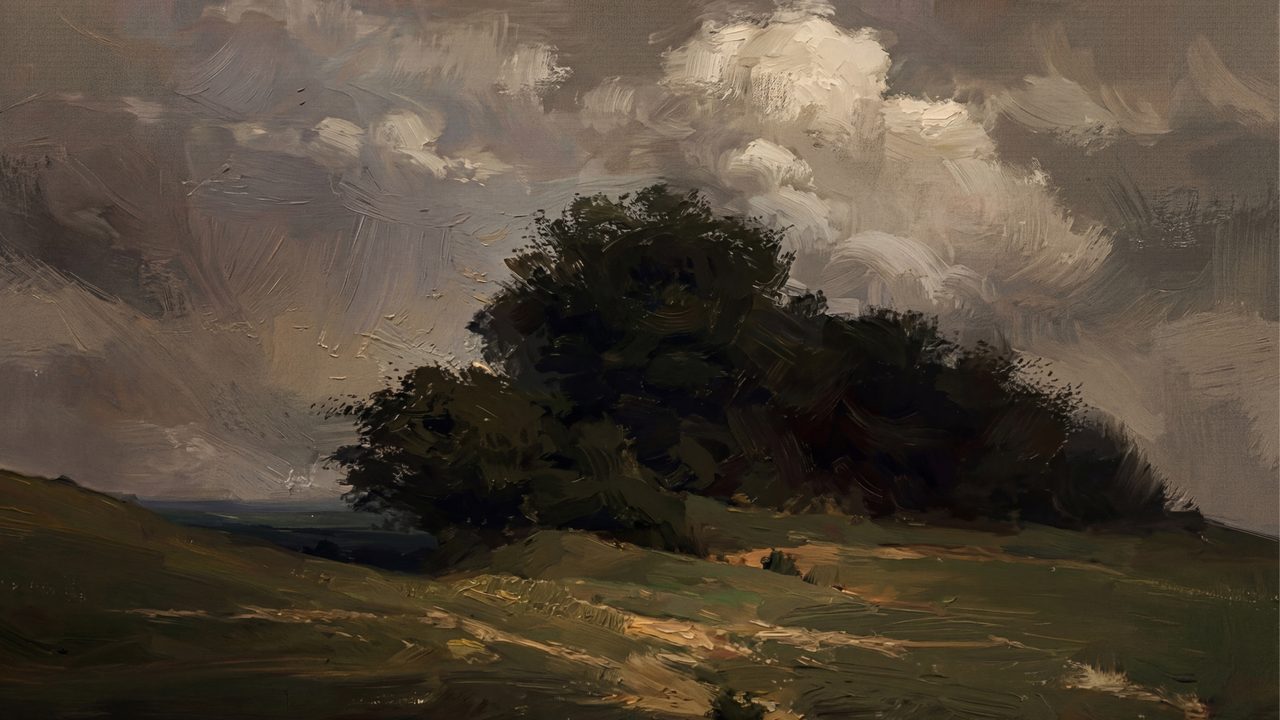 Dark Academia Frame TV Art, Moody Vintage Oil Painting (Trees on Hill Under Clouds)
