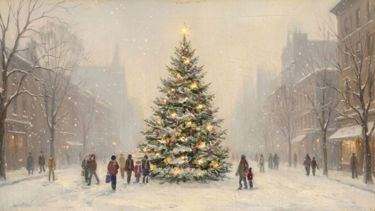 Christmas Frame TV Art, Vintage Holiday Oil Painting (City Christmas Tree in Snow)