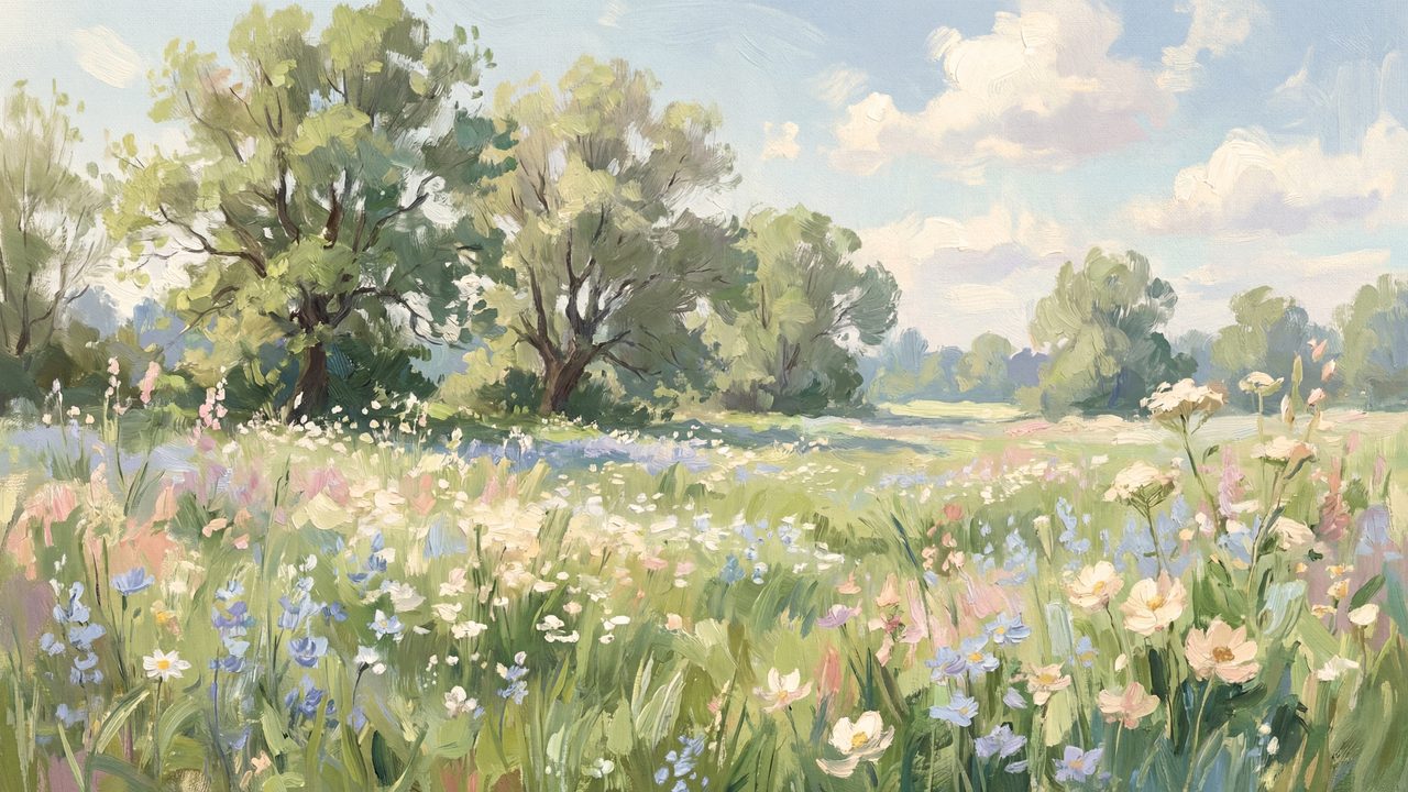 Spring Frame TV Art, Vintage Floral Landscape Oil Painting (Spring Meadow with Trees)