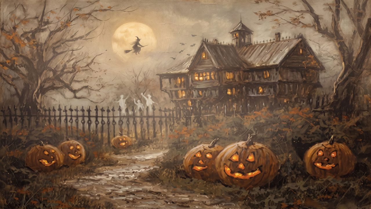 Halloween Frame TV Art, Vintage Moody Oil Painting (Haunted House with Jack-o-Lanterns)