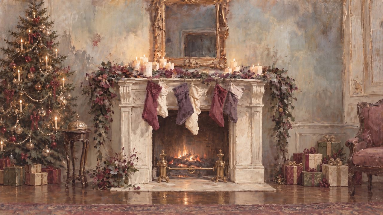 Christmas Frame TV Art, Vintage Holiday Oil Painting (Fireplace with Stockings)