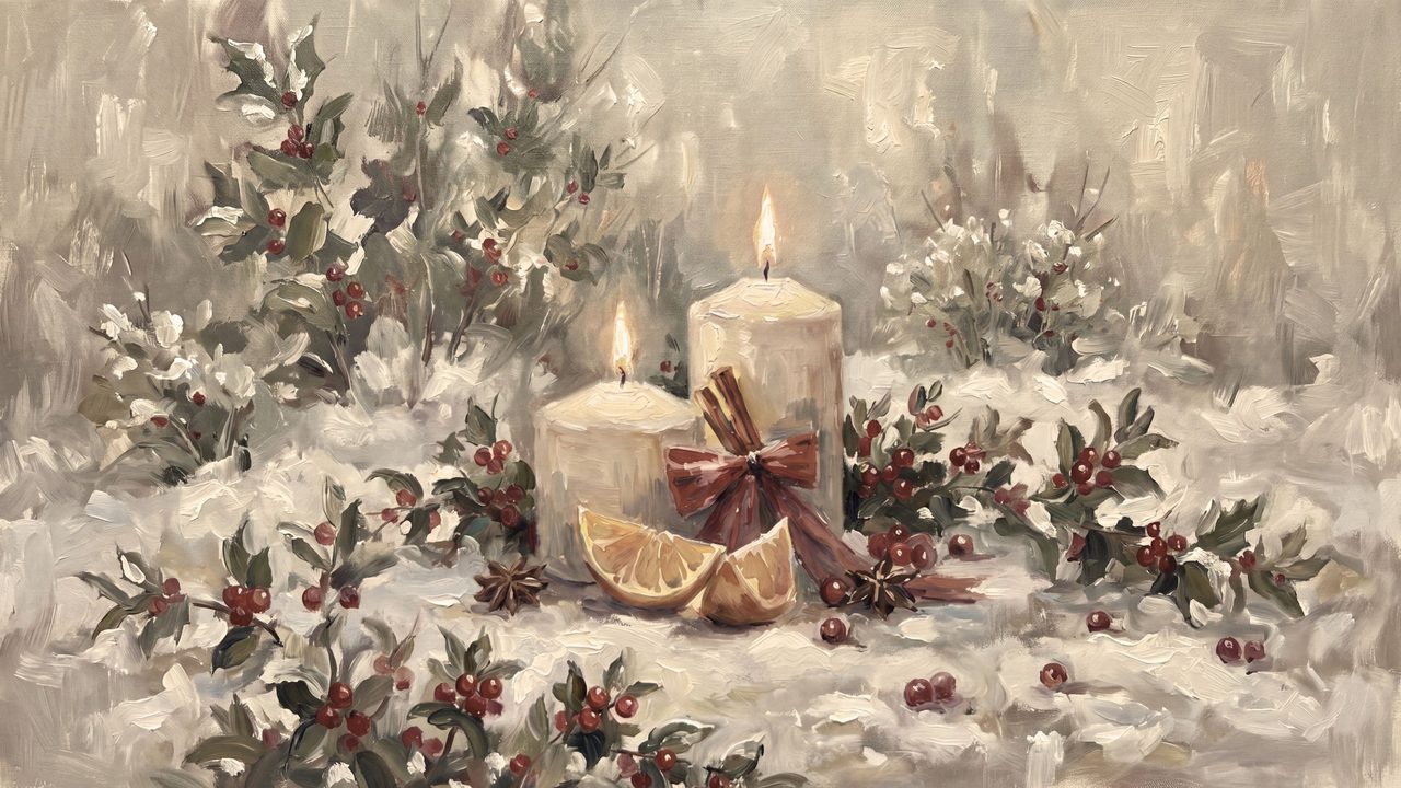 Christmas Frame TV Art, Vintage Holiday Oil Painting (Candles with Holly in Snow)
