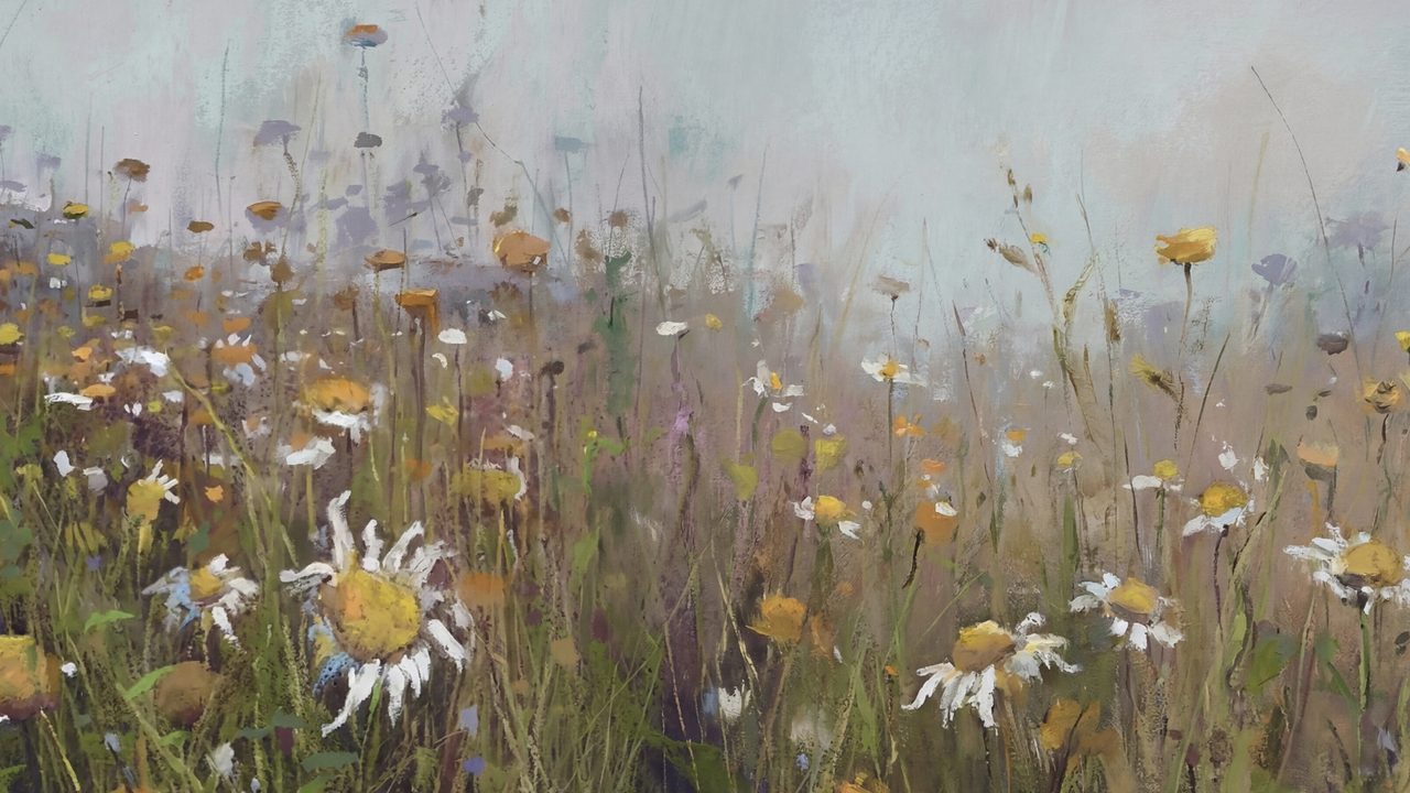 Easter Frame TV Art, Pastel Spring Oil Painting (Daisies in Misty Meadow)