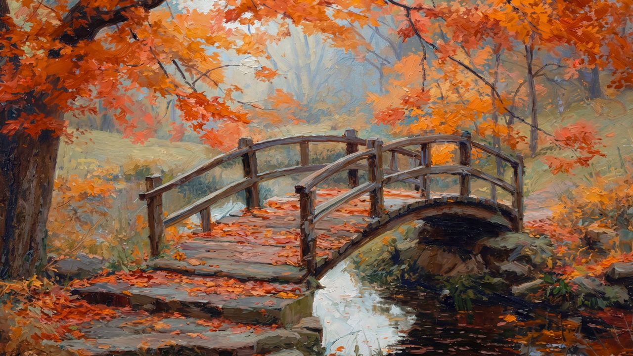 Fall Frame TV Art, Vintage Autumn Oil Painting (Wooden Footbridge in Autumn)