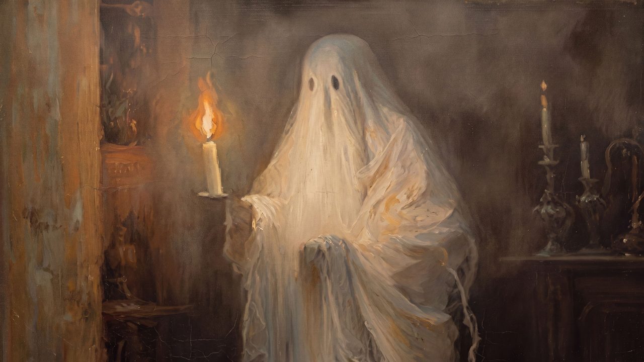 Halloween Frame TV Art, Vintage Moody Oil Painting (Ghost Holding Candle)