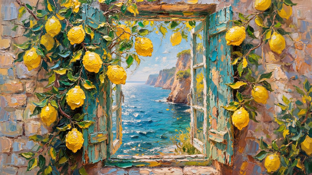 Spring Frame TV Art, Vintage Floral Landscape Oil Painting (Lemon Tree Window to Sea)