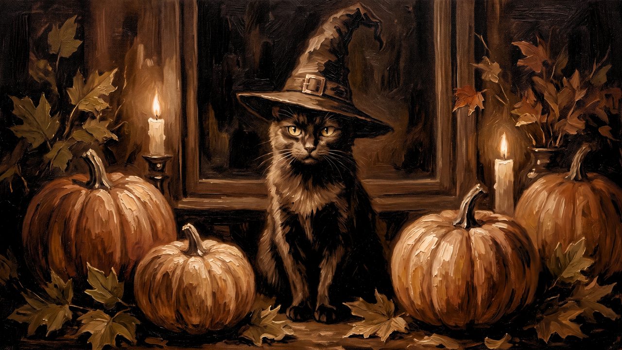 Fall Frame TV Art, Vintage Autumn Oil Painting (Cat in Witch Hat with Pumpkins)
