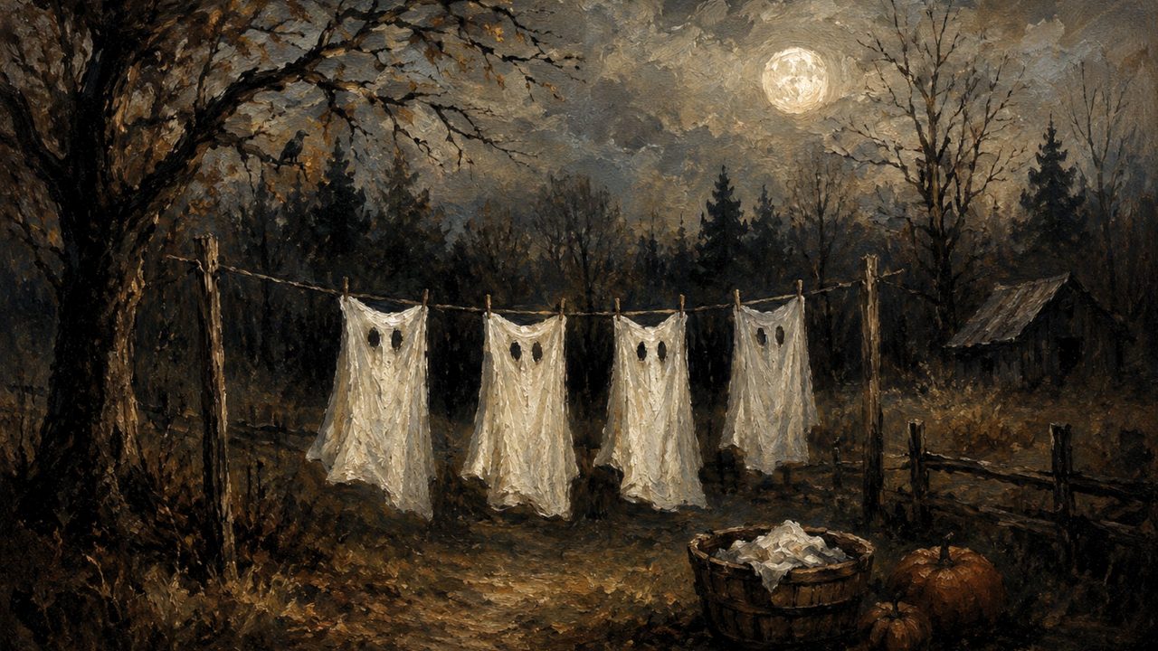 Halloween Frame TV Art, Vintage Moody Oil Painting (Ghost Sheets on Clothesline)