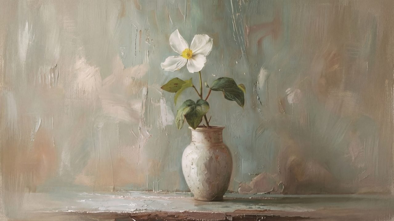 Vintage Frame TV Art, Antique Landscape Oil Painting (White Flower in Vase)