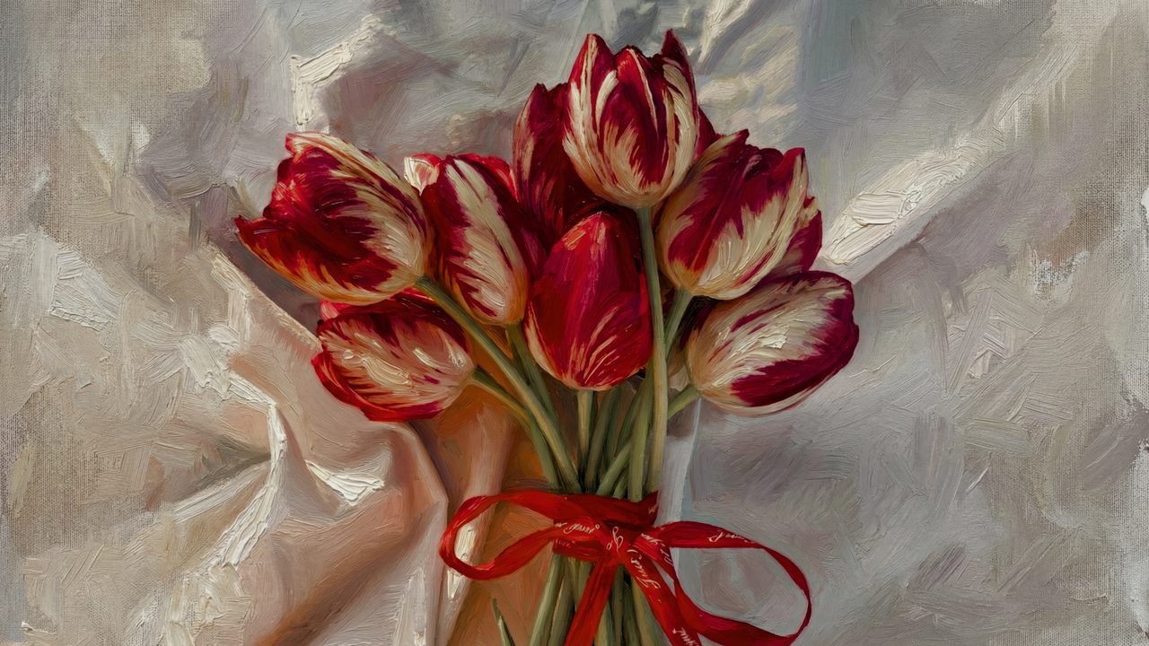 Valentine Frame TV Art, Romantic Vintage Oil Painting (Red Tulips Tied with Ribbon)