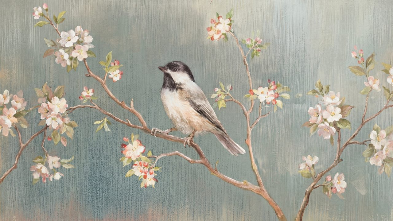Vintage Frame TV Art, Antique Landscape Oil Painting (Chickadee on Blossom Branch)