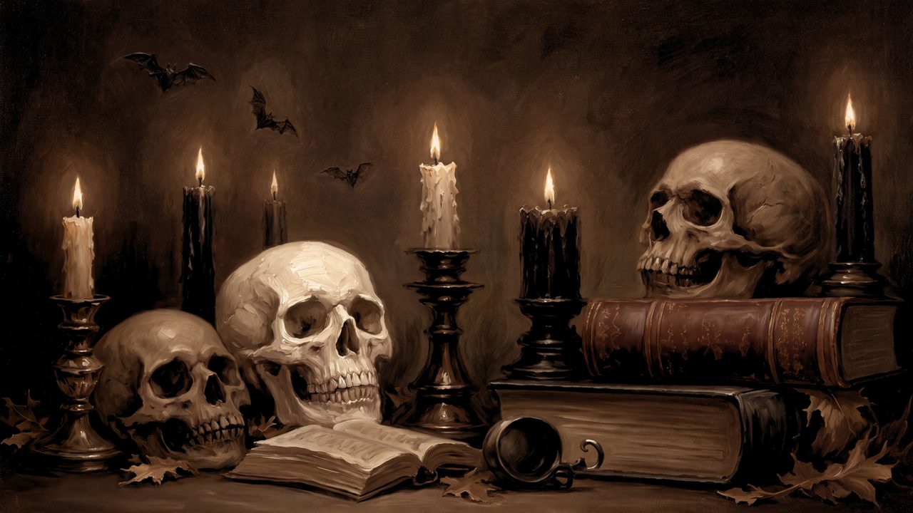 Fall Frame TV Art, Vintage Autumn Oil Painting (Skulls Books and Candles)
