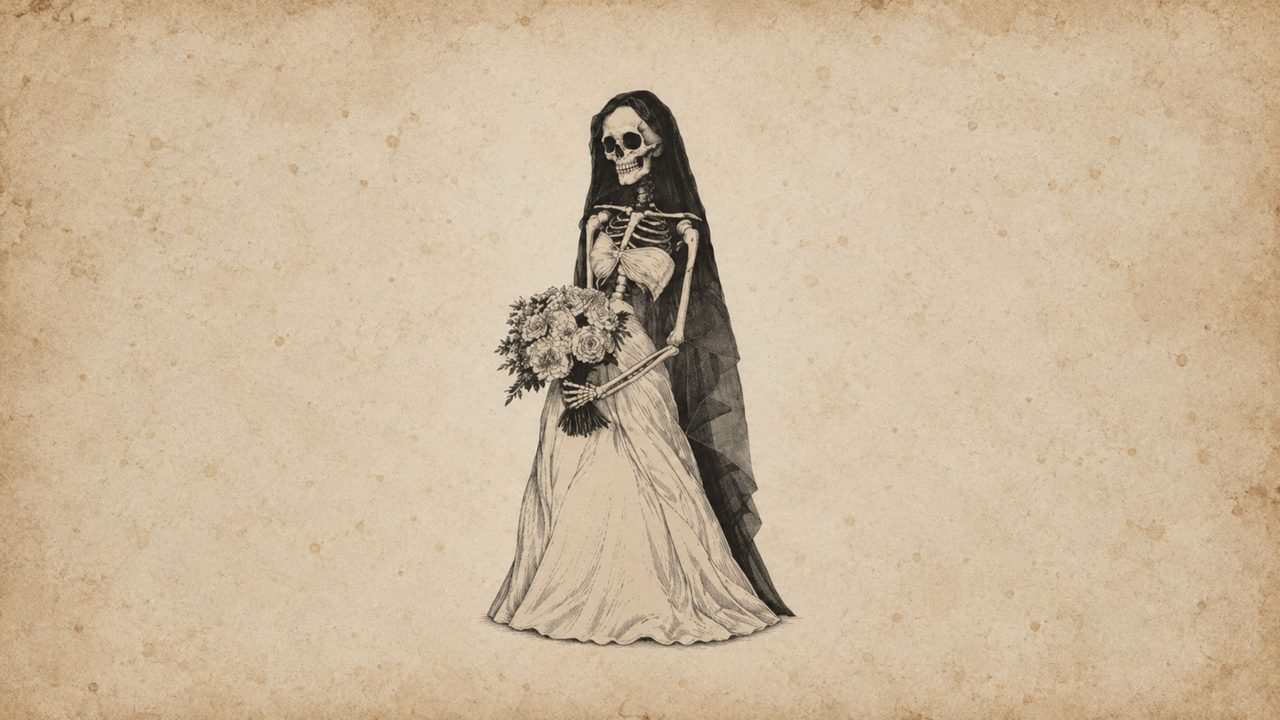Halloween Frame TV Art, Vintage Moody Oil Painting (Skeleton Bride with Bouquet)