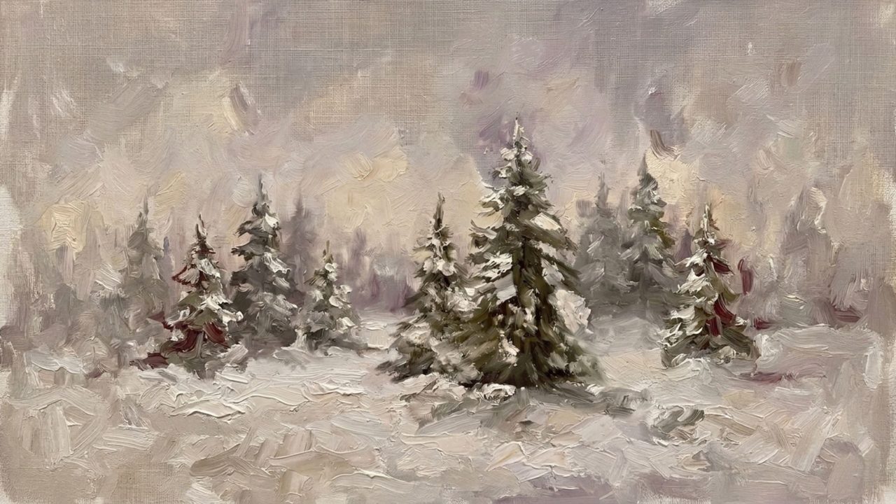 Christmas Frame TV Art, Vintage Holiday Oil Painting (Snowy Pine Trees 2)