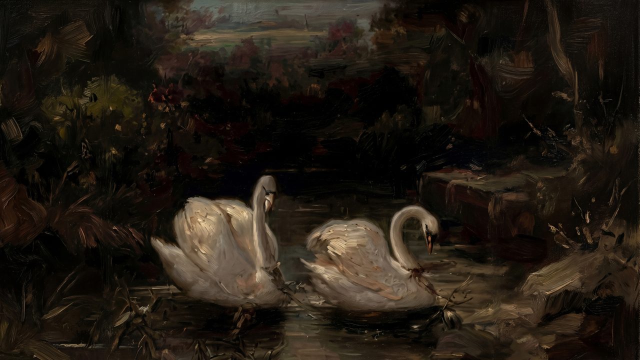 Dark Academia Frame TV Art, Moody Vintage Oil Painting (Two Swans on Dark Pond)