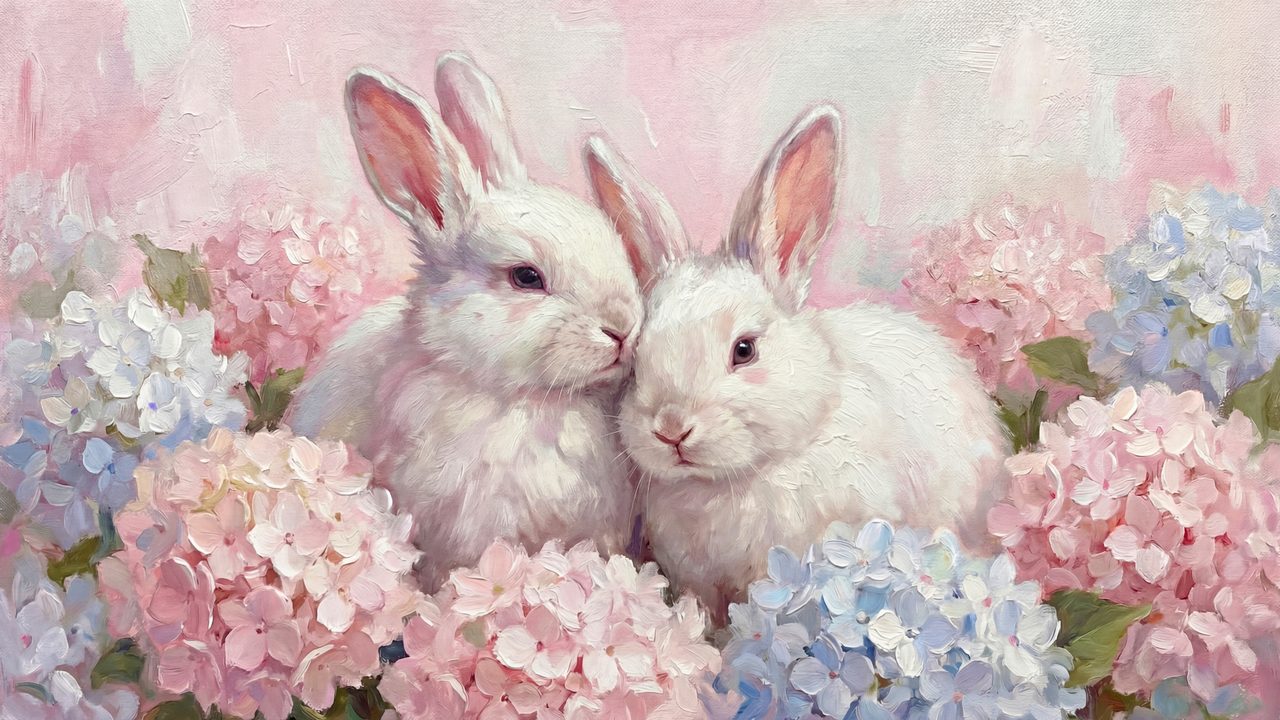 Valentine Frame TV Art, Romantic Vintage Oil Painting (White Bunnies in Hydrangeas)