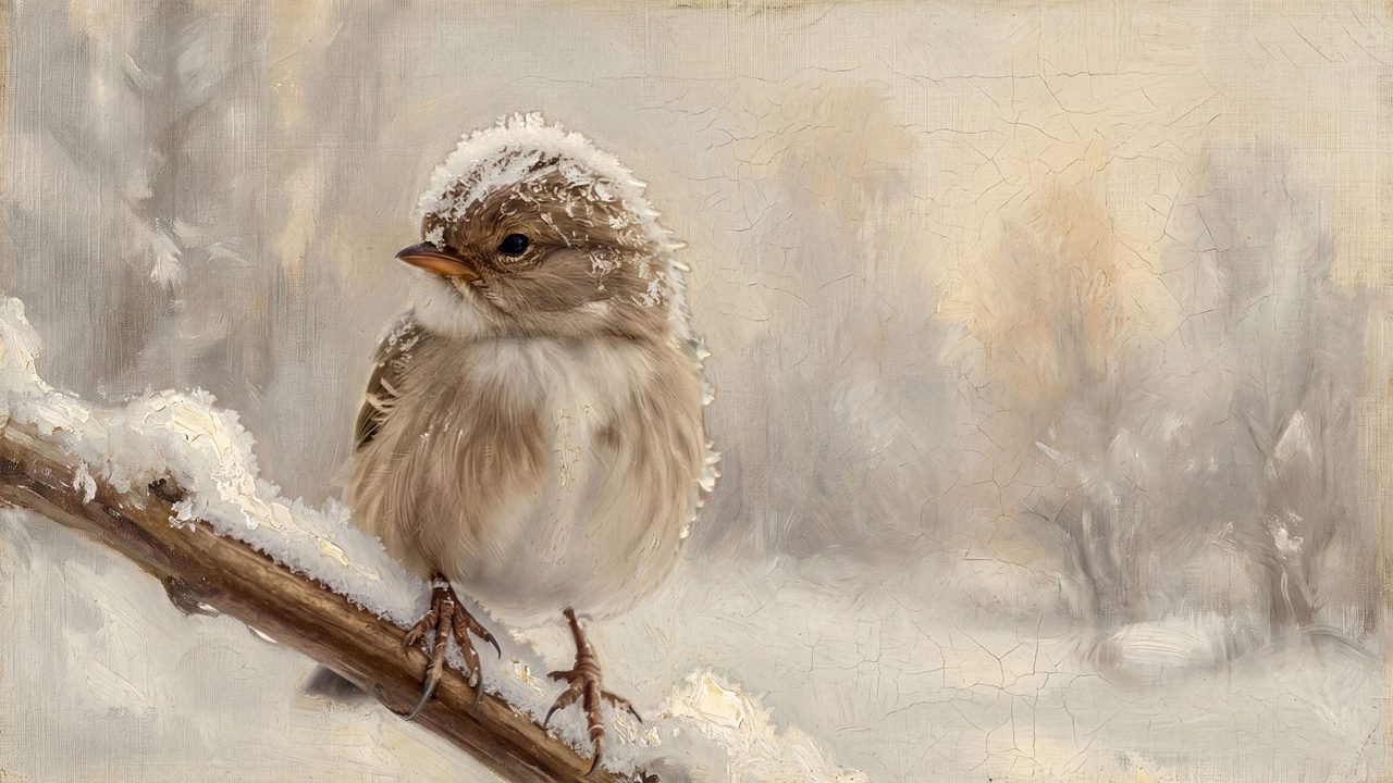 Christmas Frame TV Art, Vintage Holiday Oil Painting (Sparrow on Snowy Branch)