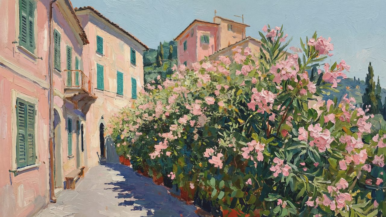 Spring Frame TV Art, Vintage Floral Landscape Oil Painting (Oleander Lined Village Street)