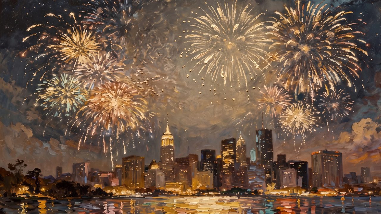 New Year Frame TV Art, Festive Celebration TV Background (Fireworks over City Skyline)
