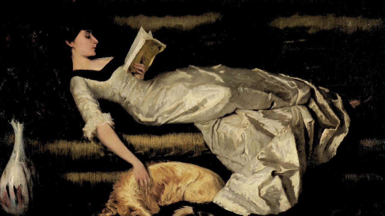 Dark Academia Frame TV Art, Moody Vintage Oil Painting (Woman Reading with Cat)