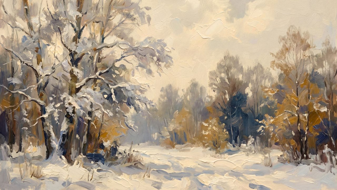 Christmas Frame TV Art, Vintage Holiday Oil Painting (Snowy Autumn Trees)