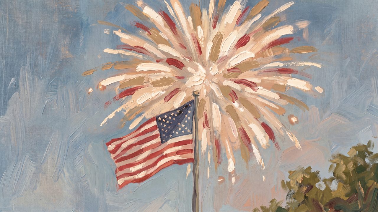 4th of July Frame TV Art, Patriotic American Oil Painting (Flag with Bursting Firework)