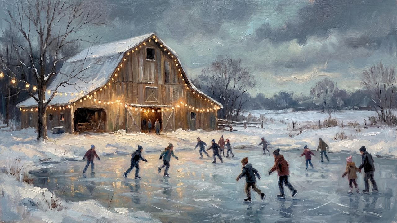 Winter Frame TV Art, Vintage Snowy Landscape Oil Painting (Skaters by Lit Barn)