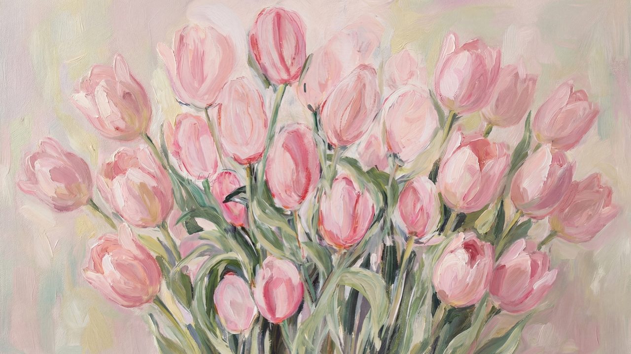 Pink Tulip Samsung Frame TV Art, Spring Floral Oil Painting, Botanical TV Decor, Cottagecore Flower Wall Art