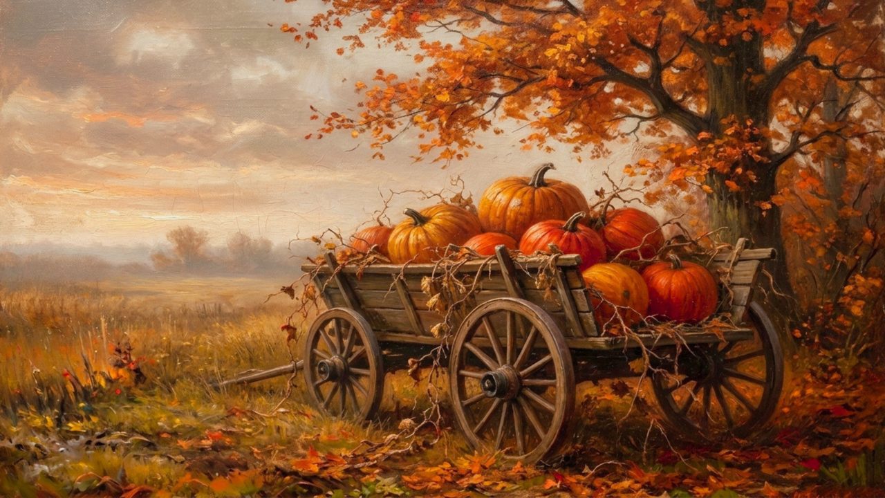 Fall Frame TV Art, Vintage Autumn Oil Painting (Wagon of Pumpkins)