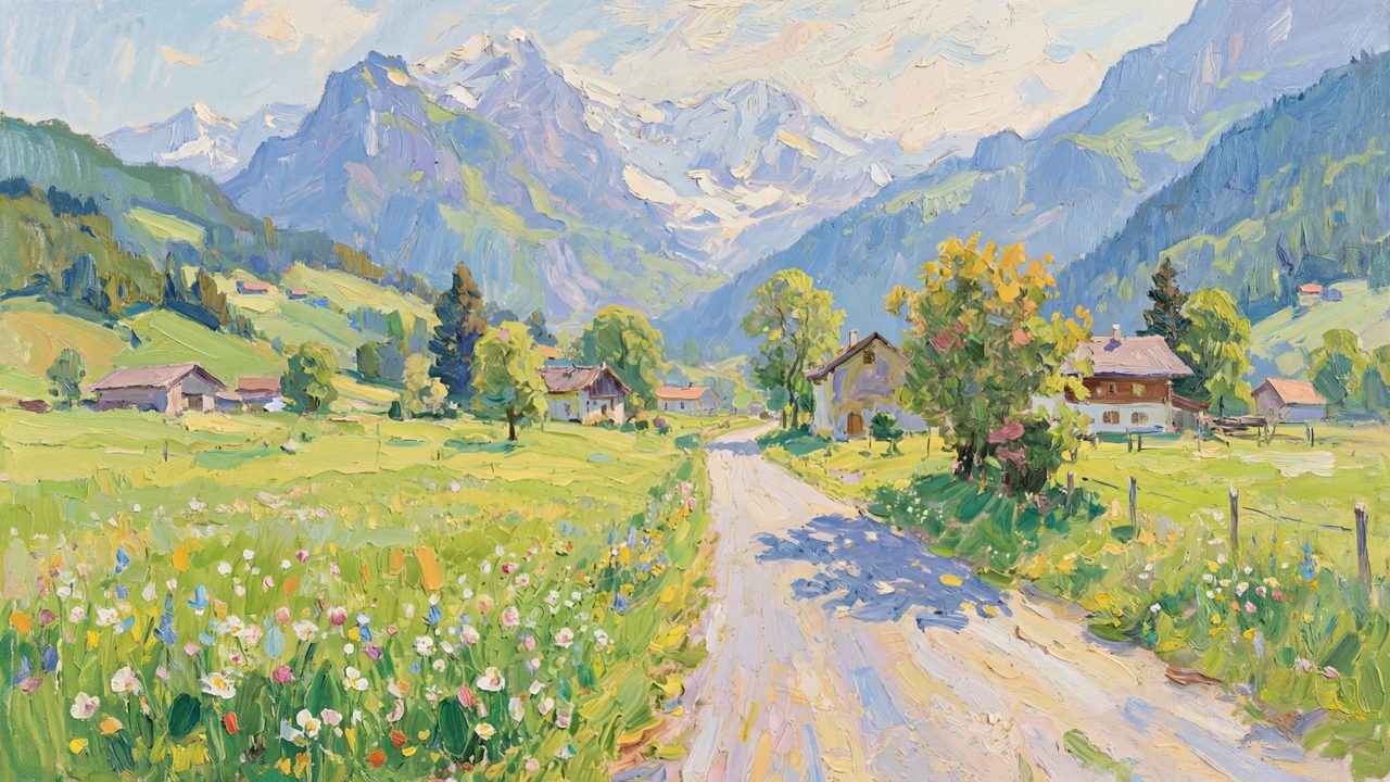 Spring Frame TV Art, Vintage Floral Landscape Oil Painting (Alpine Valley Country Road)