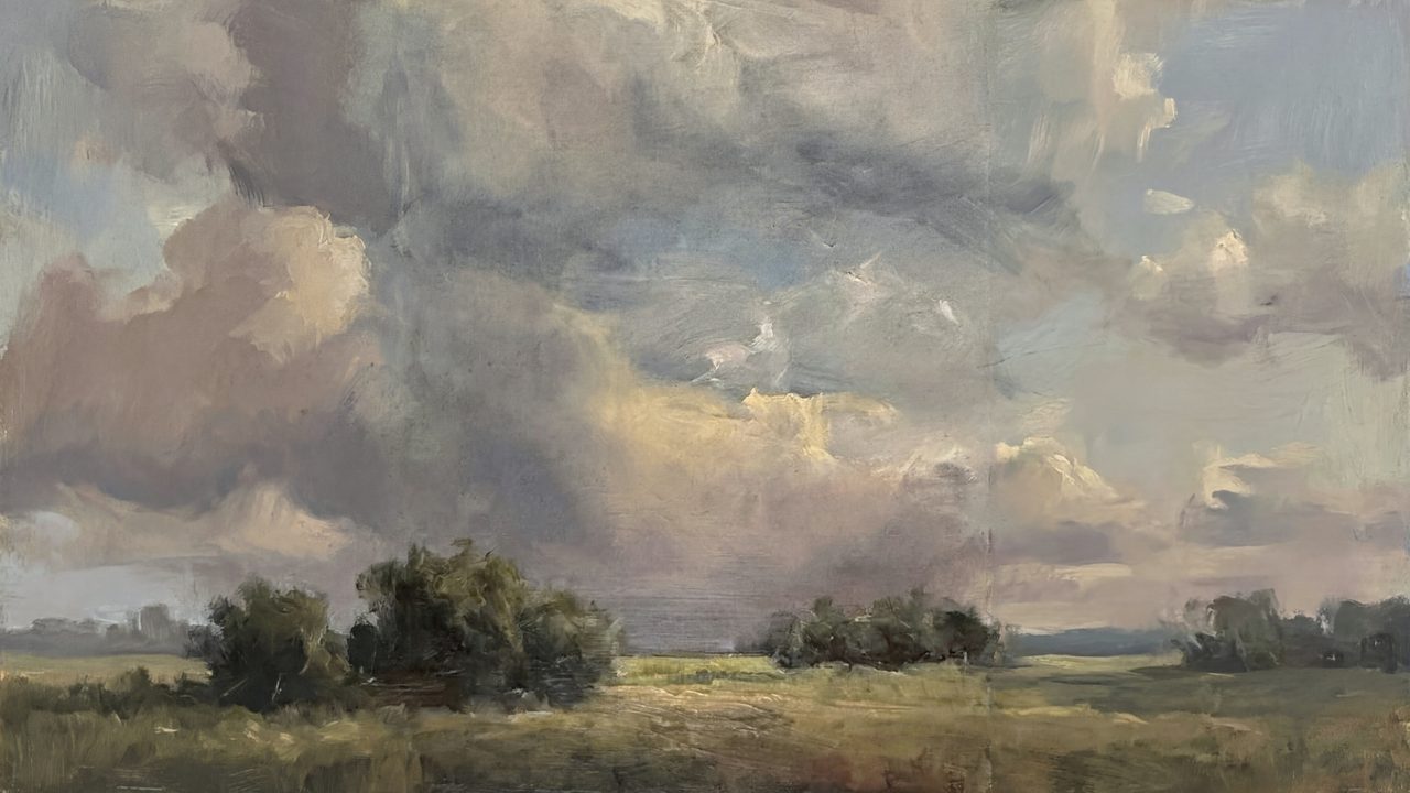 Vintage Frame TV Art, Antique Landscape Oil Painting (Clouds Over Countryside)