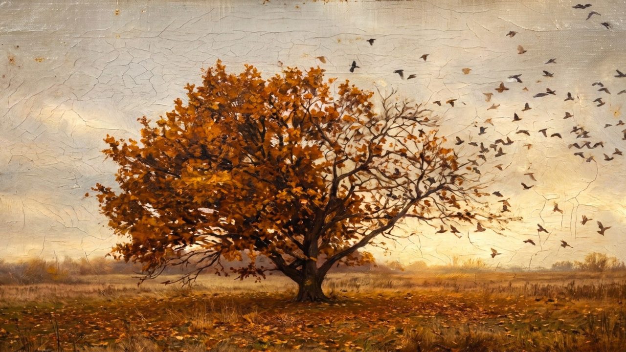 Fall Frame TV Art, Vintage Autumn Oil Painting (Autumn Tree with Flying Birds)