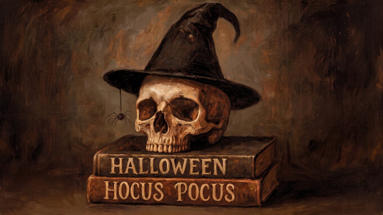 Fall Frame TV Art, Vintage Autumn Oil Painting (Skull in Witch Hat on Books)