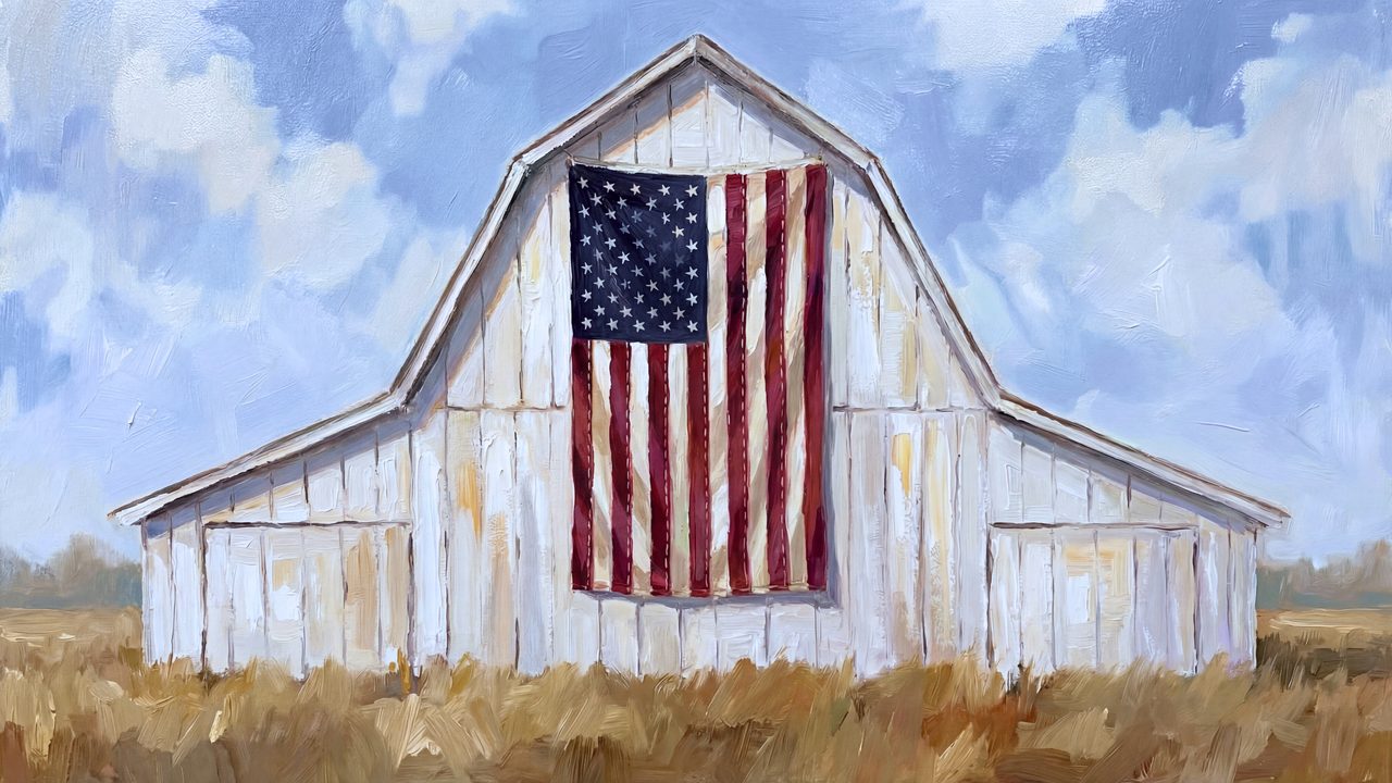 4th of July Frame TV Art, Patriotic American Oil Painting (White Barn with American Flag)