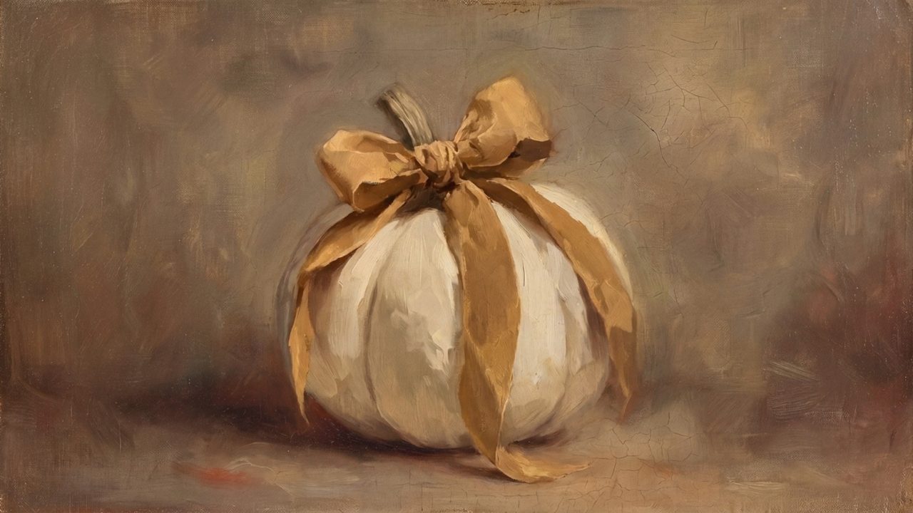 Fall Frame TV Art, Vintage Autumn Oil Painting (White Pumpkin with Gold Bow)