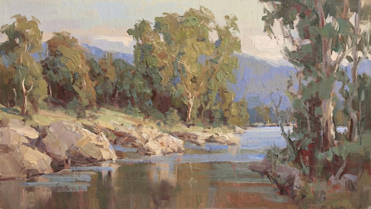 Vintage Frame TV Art, Antique Landscape Oil Painting (Rocky River with Gum Trees)