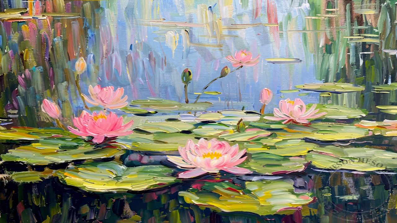 Spring Frame TV Art, Vintage Floral Landscape Oil Painting (Pink Water Lilies)