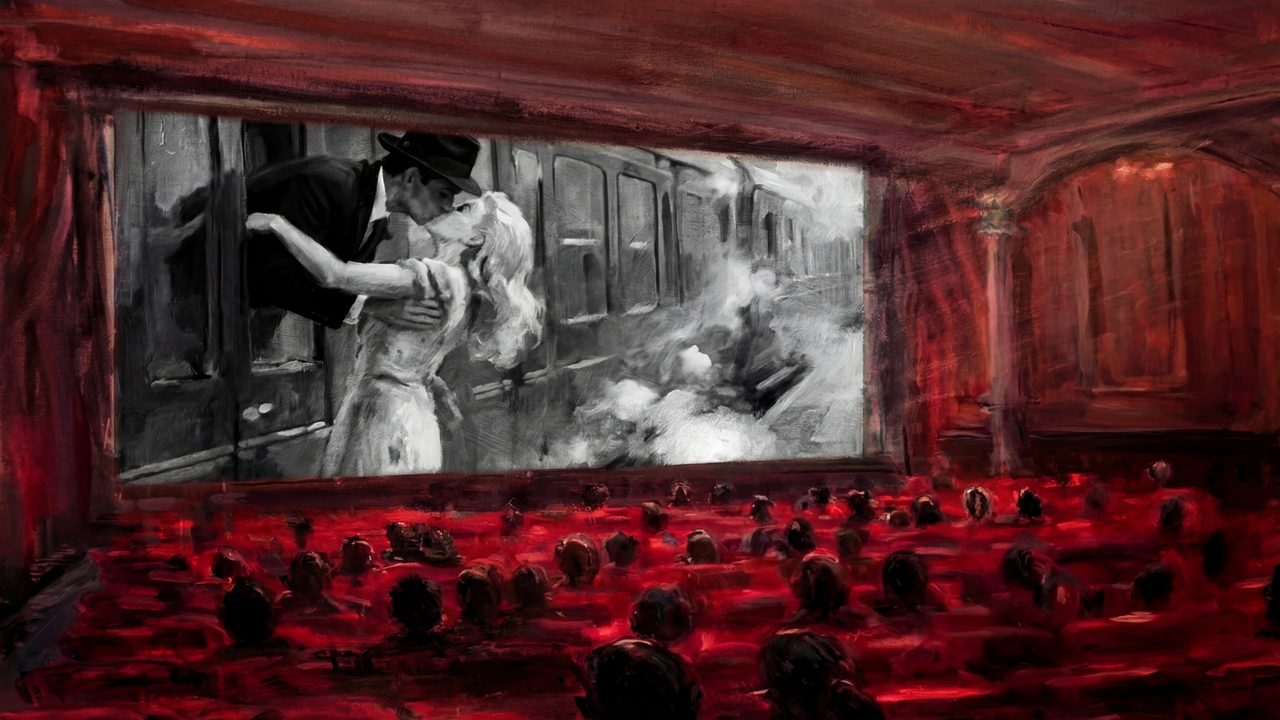Valentine Frame TV Art, Romantic Vintage Oil Painting (Couple Kissing on Cinema Screen)