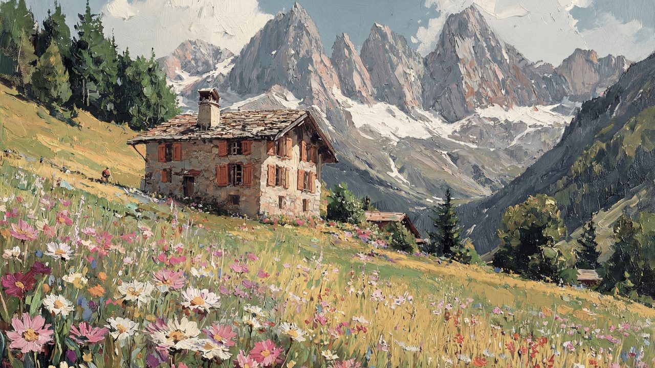 Spring Frame TV Art, Vintage Floral Landscape Oil Painting (Alpine Chalet in Flower Meadow)