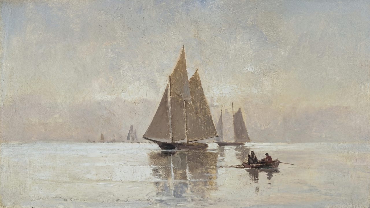 Vintage Frame TV Art, Antique Landscape Oil Painting (Sailboats on Calm Sea)