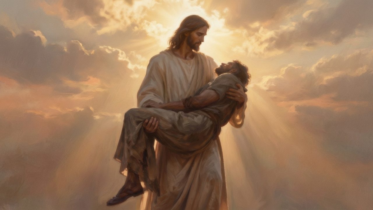Christian Frame TV Art, Jesus Religious Oil Painting (Jesus Carrying Weary Man)